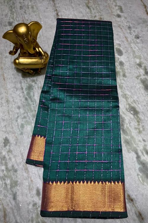 Cotton Silk Handloom Bhgalpuri Check Saree with Gold Zari Border with Blouse Piece for Women (100170 Midnight_Cyan)