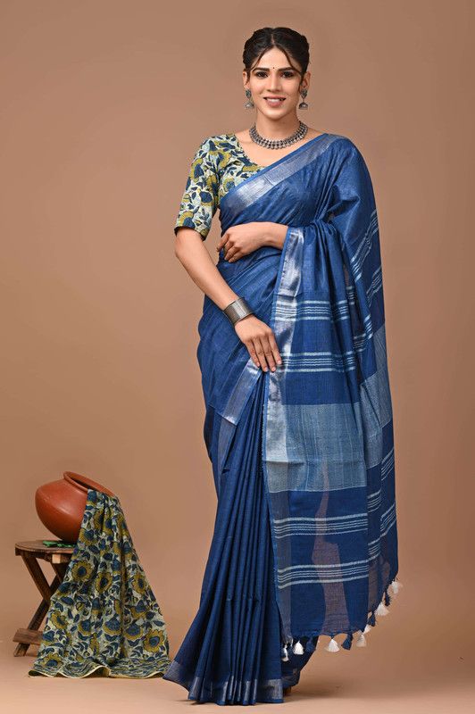 Linen Cotton Blend Handloom Bhagalpuri Saree with Zari Border (12784 Cobalt_Blue)