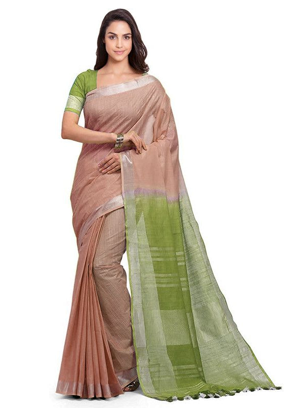 Whiskey Tan & Moss Green women's Bhagalpuri Handloom Linen Slub Blend Two Dye Saree With Running Unstitched Blouse Piece