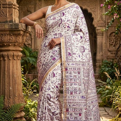 Bhagalpuri Handloom Warli Print on Premium Quality Soft Katan Tussar Silk Saree in White - View 5