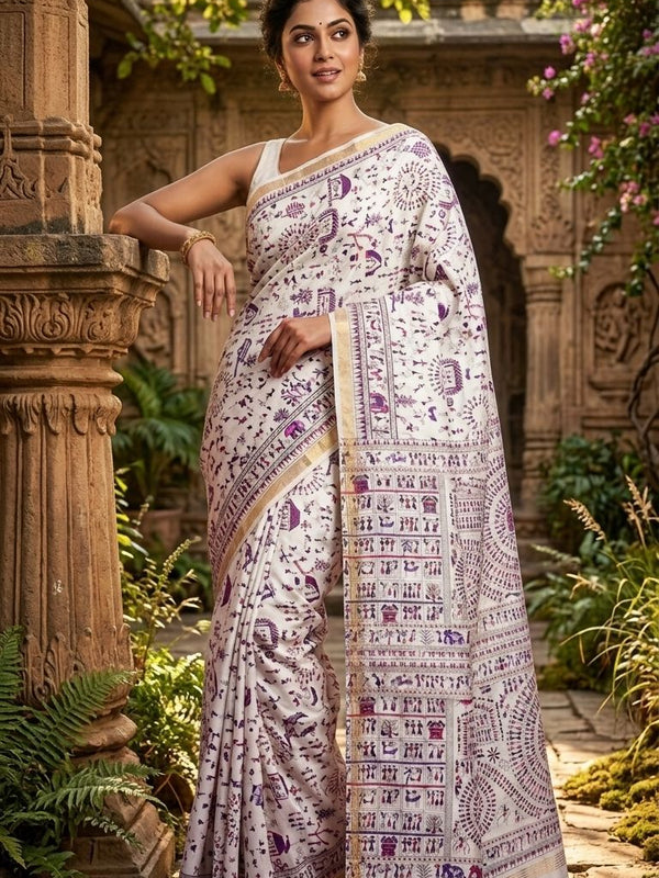 Bhagalpuri Handloom Warli Print on Premium Quality Soft Katan Tussar Silk Saree in White - View 5