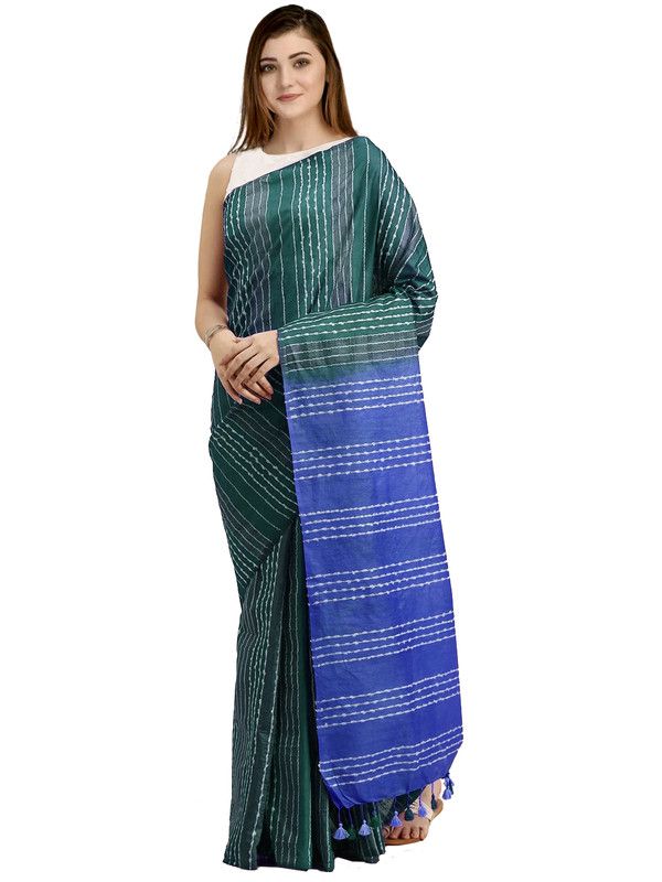 Myrtle Green & Neon Blue women's Kota Art Silk Saree With Blouse Piece