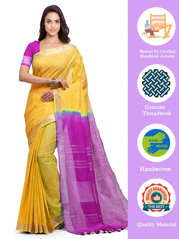 Handloom Bhagalpuri Cotton Slub Blend Two Dye Saree With Running Unstitched Blouse Piece - View 3