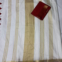 White-Red women's Handloom Bhagalpuri Linen Cotton Blend Saree Ethnic Wear With Contrast Unstitched Blouse Piece - View 7