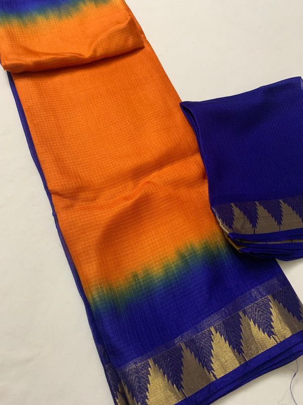Organza Net Kota Silk Two Dye Bhagalpuri Saree with Free Blouse Piece (Cristy Orange & Dark Blue) - View 2