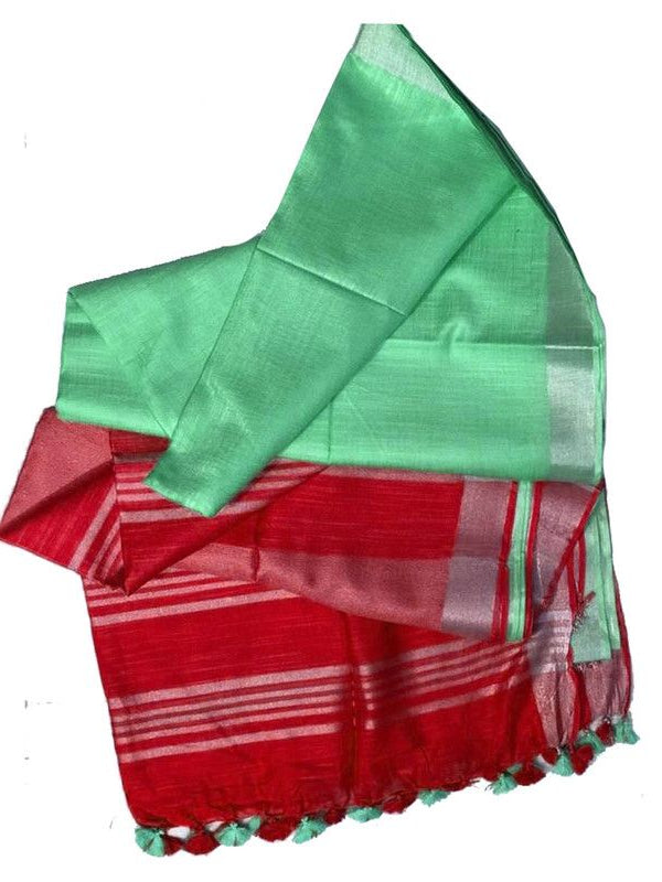 Red & Aquamarine Cyan women's Bhagalpuri Ethnic Wear Handloom Cotton Linen Slub Blend Zari Border Two Dye Saree With Running Unstitched Blouse Piece