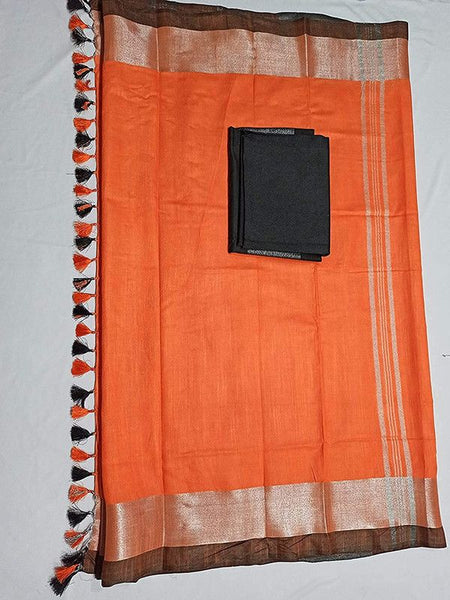 Orange Bhagalpuri Handloom women's Linen Slub Blend Saree With Black Pipin Contrast Blouse Piece - View 2
