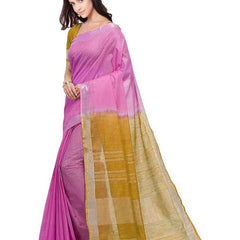 Neon Pink & Golden Brown women's Bhagalpuri Handloom Linen Cotton Blend Two Dye Saree With Running Unstitched Blouse Piece - View 4