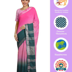 Hot Pink & Midnight Green women's Bhagalpuri Handloom Linen Cotton Blend Two Dye Saree With Running Unstitched Blouse Piece - View 2