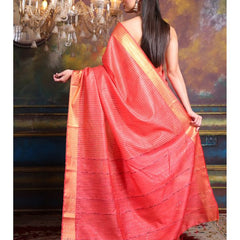 Handloom Bhagalpuri Cotton Silk Striped Sequin Saree ( Red) - View 3