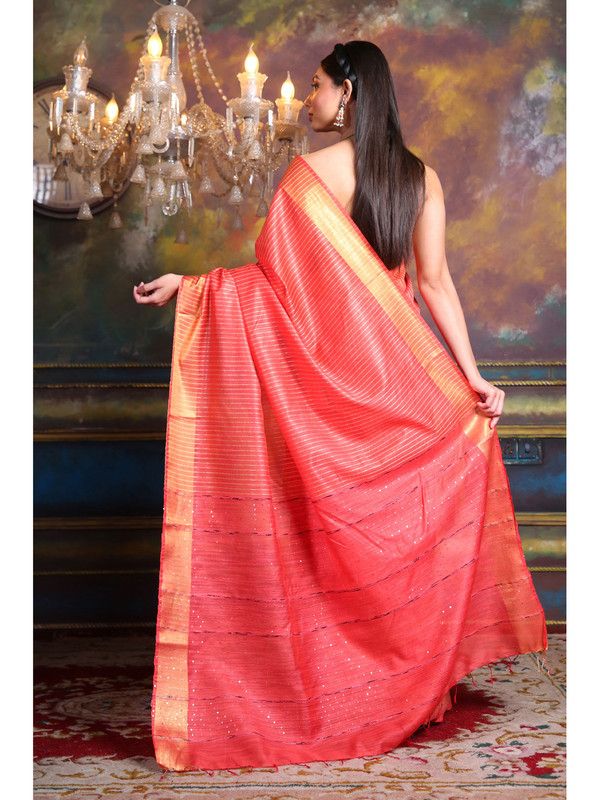 Handloom Bhagalpuri Cotton Silk Striped Sequin Saree ( Red) - View 3