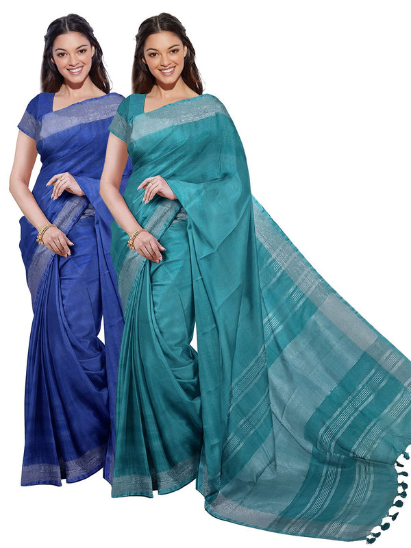 Cobalt Blue & Cyan women's Bhagalpuri Handloom Cotton-Linen Blend Saree Combo (Pack Of 2) With Running Unstiched Blouse Piece