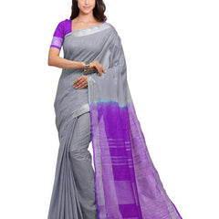 Grey & French Violet women's Bhagalpuri Handloom Ethnic Wear Linen Two Dye Saree With Running Unstitched Blouse Piece