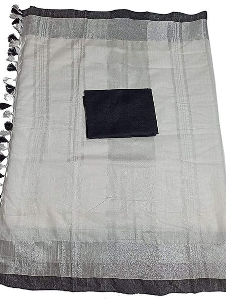White Bhagalpuri Handloom women's Linen Slub Blend Saree With Black Pipin Contrast Blouse Piece - View 2