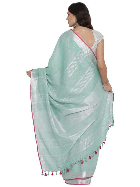 Cambridge Grey women's Bhagalpuri Handloom Cotton Linen Blend Saree With Contrast Unstiched Blouse Piece - View 3