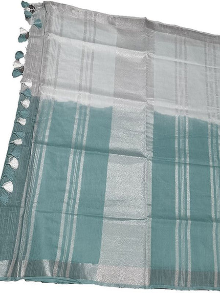 Skobeloff Cyan women's Bhagalpuri Linen-Slub Blend Two Dye Saree With Blouse Piece - View 2