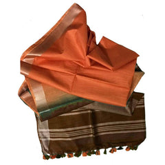Kobicha Brown & Carol Orange Bhagalpuri women's Ethnic Wear Handloom Linen Cotton Blend Zari Border Two Dye Saree With Running Unstitched Blouse Piece - View 4