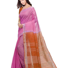 Neon Pink & Mohangni Orange women's Bhagalpuri Handloom Pure Cotton Two Dye Saree With Running Unstitched Blouse Piece - View 4