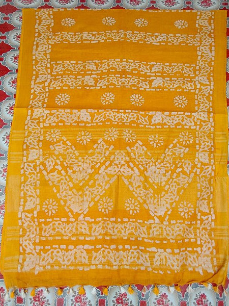 Linen Cotton Blend Handloom Batik Print Saree (GLBR_Gold-Gamboge_Yellow) - View 4