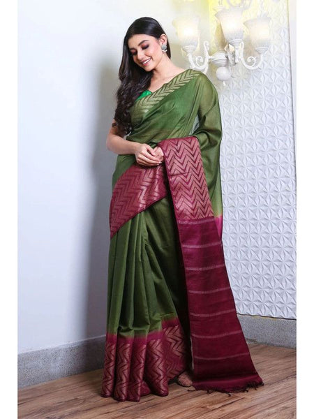 Semi Tussar Silk Handloom Two Dye Bhagalpuri Saree (Chalaat_Green & Claret_Magenta)