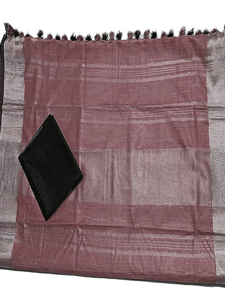 Redwood Brown Bhagalpuri Handloom  Linen Slub Blend Saree With Black Pipin Contrast Blouse Piece - View 4