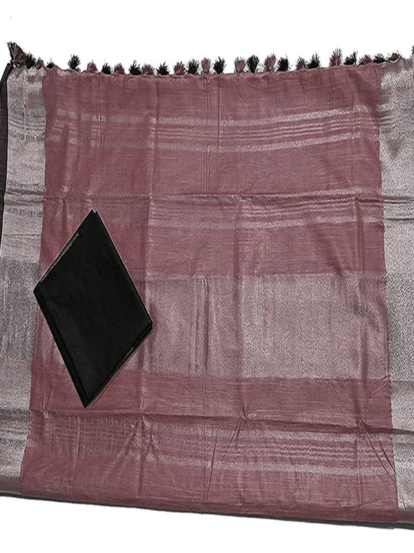 Redwood Brown Bhagalpuri Handloom  Linen Slub Blend Saree With Black Pipin Contrast Blouse Piece - View 4