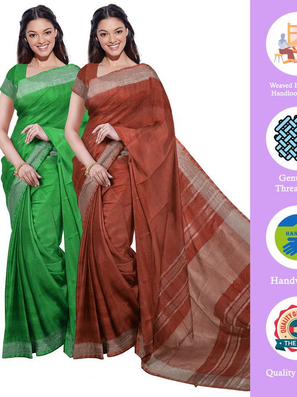 Pigment Green & Sienna Orange women's Bhagalpuri Handloom Cotton-Linen Blend Saree Combo (Pack Of 2) With Running Unstiched Blouse Piece - View 2