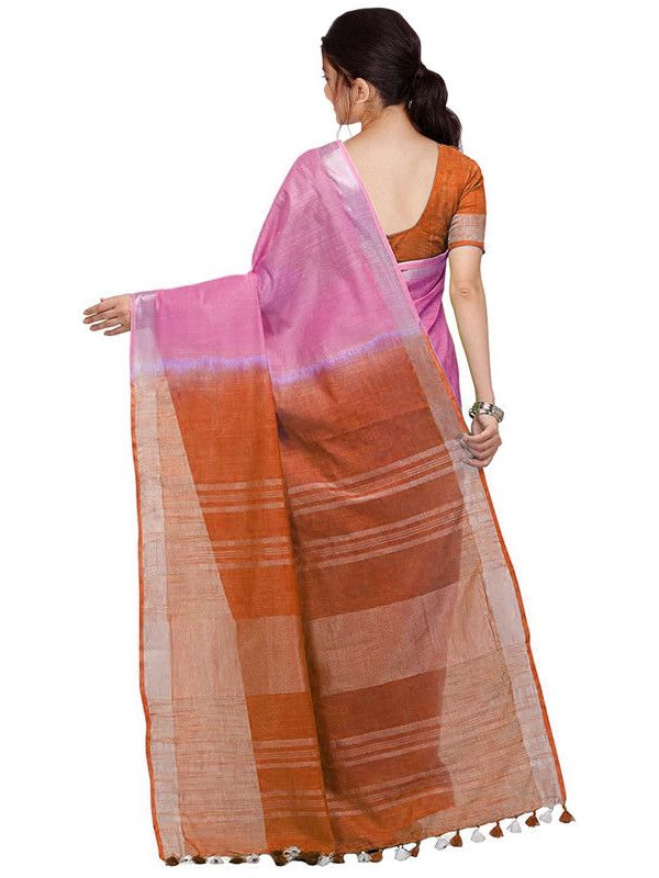 Neon Pink & Mohangni Orange women's Bhagalpuri Handloom Pure Cotton Two Dye Saree With Running Unstitched Blouse Piece - View 5