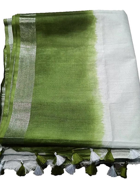 Avocado Green women's Handloom Bhagalpuri Linen Cotton Slub Blend Two Sided Two Dye Saree Running Unstitched Blouse Piece - View 3