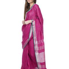 Wild Strawberry Pink women's Bhagalpuri Handloom Cotton Linen Blend Saree With Contrast Unstiched Blouse Piece - View 3
