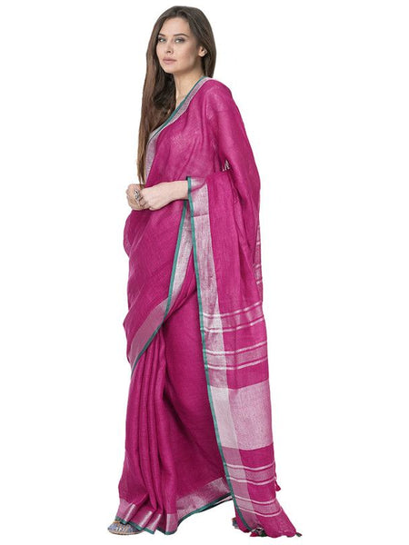 Wild Strawberry Pink women's Bhagalpuri Handloom Cotton Linen Blend Saree With Contrast Unstiched Blouse Piece - View 3