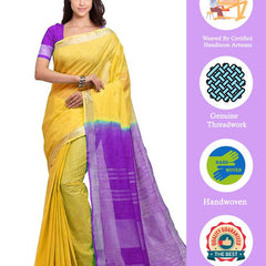 Yellow & French Violet women's Handloom Bhagalpuri Linen Cotton Slub Blend Two Dye Saree With Running Unstitched Blouse Piece - View 3