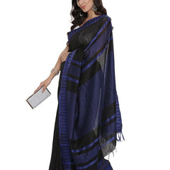 Black Bhagalpuri Handloom Kota Silk Temple Border Saree And Variation Of Colors With Striped Blouse Piece - View 3
