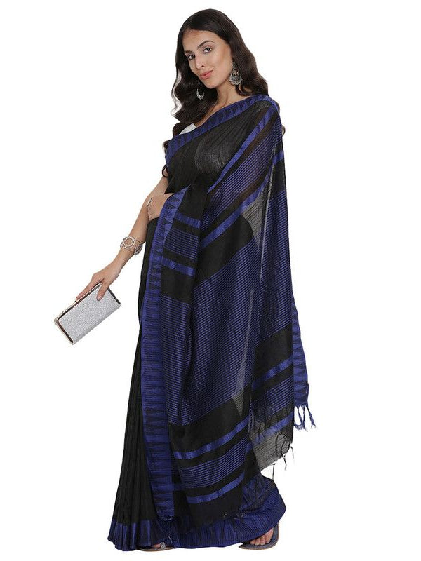 Black Bhagalpuri Handloom Kota Silk Temple Border Saree And Variation Of Colors With Striped Blouse Piece - View 3