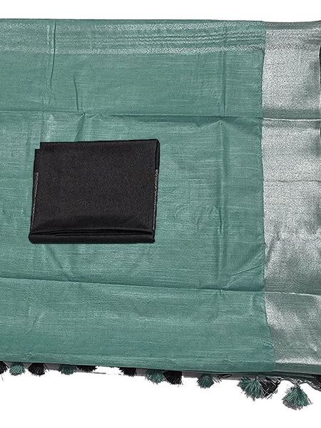 Sea Green Bhagalpuri Handloom women's Linen Slub Blend Saree With Black Pipin Contrast Blouse Piece - View 4