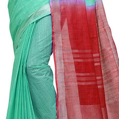 Aquamarine Turquoise & Red women's Bhagalpuri Handloom Linen Slub Blend Two Dye Saree With Running Unstitched Blouse Piece - View 5