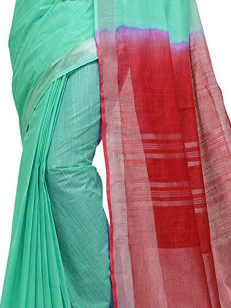 Aquamarine Turquoise & Red women's Bhagalpuri Handloom Linen Slub Blend Two Dye Saree With Running Unstitched Blouse Piece - View 5