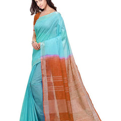 Turquoise & Mohangni Orange women's Handloom Bhagalpuri Cotton Linen Blend Two Dye Saree With Running Unstitched Blouse Piece - View 3