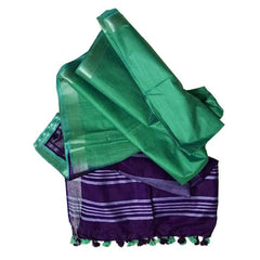 Russian Violet & Mint Green women's Bhagalpuri Ethnic Wear Handloom Cotton Linen Slub Blend Zari Border Two Dye Saree With Running Unstitched Blouse Piece - View 3