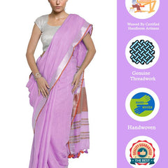Plum Pink-Red women's Bhagalpuri Handloom Cotton Linen Blend Contrast Pallu Saree And Unstitched Contrast Blouse Piece - View 2