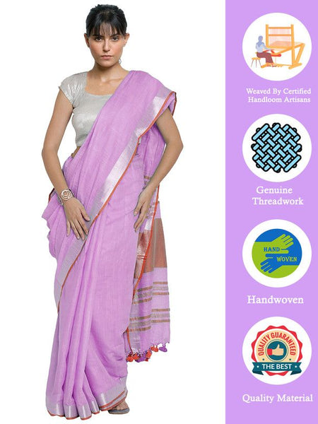 Plum Pink-Red women's Bhagalpuri Handloom Cotton Linen Blend Contrast Pallu Saree And Unstitched Contrast Blouse Piece - View 2