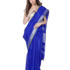 Duke Blue women's Bhagalpuri Handloom Cotton Linen Blend Saree With Contrast Unstiched Blouse Piece