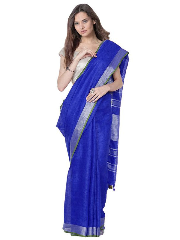 Duke Blue women's Bhagalpuri Handloom Cotton Linen Blend Saree With Contrast Unstiched Blouse Piece