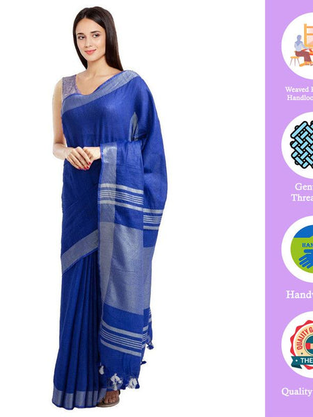 Fine Blue women's Bhagalpuri Handloom Blend Linen-Cotton Saree With Running Unstiched Blouse Piece_Free Size_Variation Of Colors - View 2