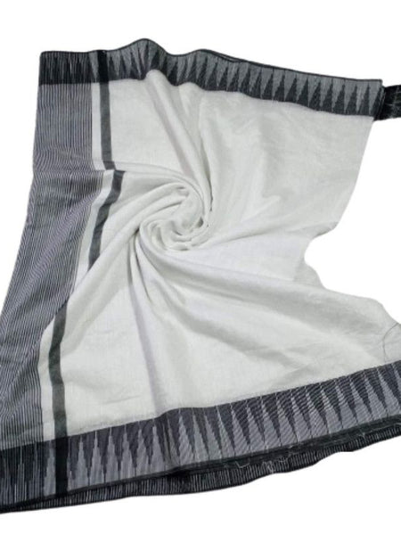 White-Black women's Bhagalpuri Handloom Kota Silk Temple Border Saree And Variation Of Colors With Striped Blouse Piece