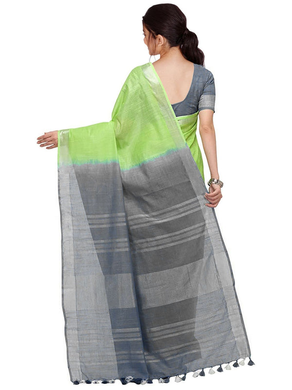 Lawn Green & Grey women's Handloom Bhagalpuri Linen Blend Two Dye Saree With Running Unstitched Blouse Piece - View 4
