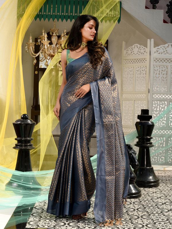 Cotton Tissue Silk Handloom Bhagalpuri Weaving Motif Designer Saree (Gunmetal_Grey) - View 2