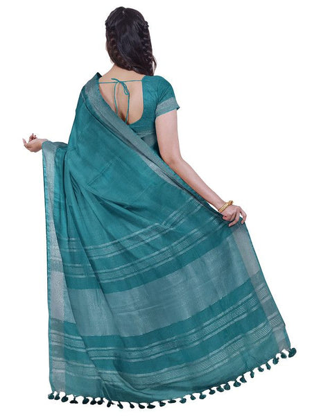 Cyan & Yellow women's Bhagalpuri Handloom Cotton-Linen Blend Saree Combo (Pack Of 2) With Running Unstiched Blouse Piece - View 4