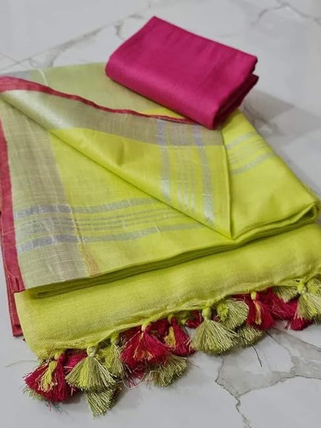 Handloom Bhagalpuri Linen Cotton Blend Contrast Border Saree for Women (12637 Lemon_Yellow-Pink )