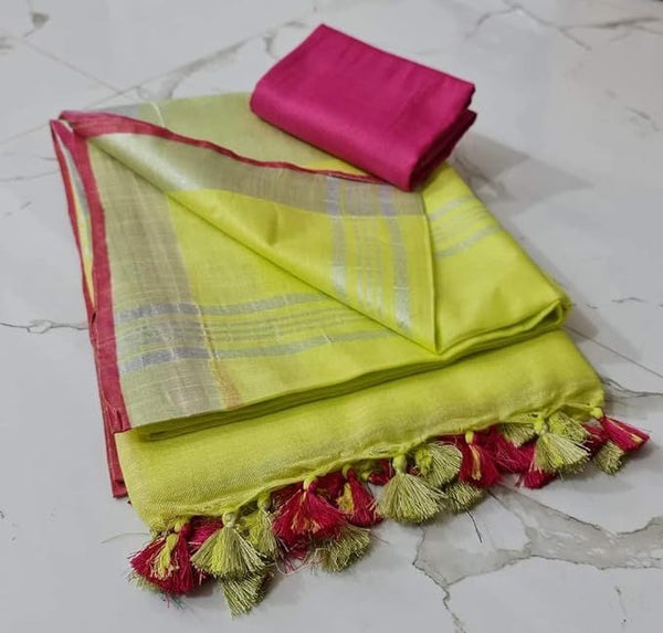 Handloom Bhagalpuri Linen Cotton Blend Contrast Border Saree for Women (12637 Lemon_Yellow-Pink )